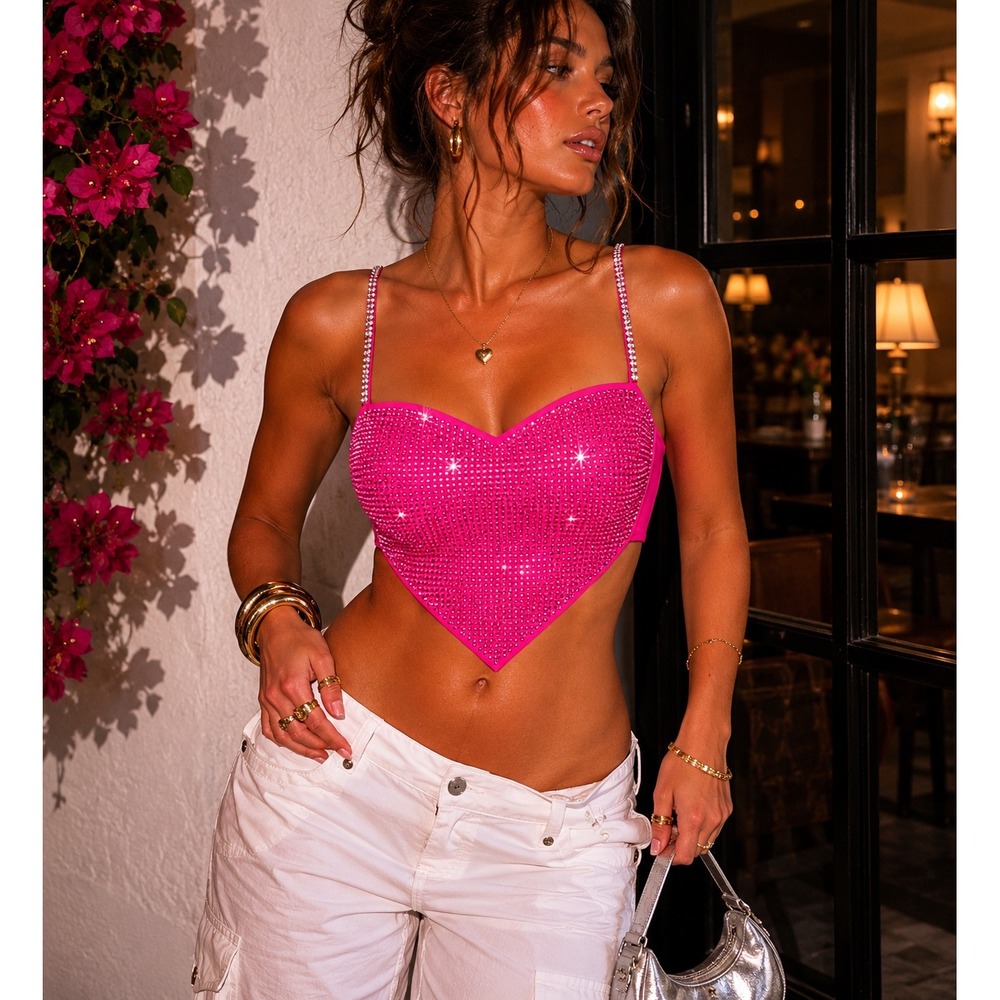 Finesse Hot Pink Rhinestone Corset Crop Top Crystal Straps Size Large